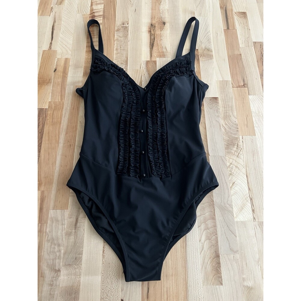 Profile by Gottex One Piece Swimsuit Ruffle Semi Sheer Button Sexy Black 10
